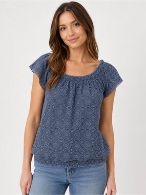 Crown & Ivy Blue Embroidered Eyelet Lyocell Blouse Petite Medium